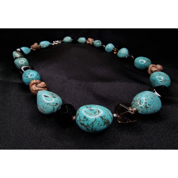 Handcrafted Turquoise Beaded Necklace With Brown Accents & Sterling Silver Clasp - Picture 3 of 5